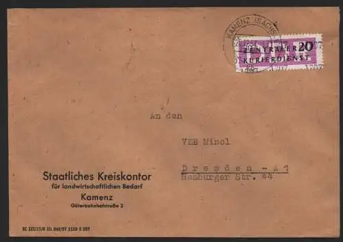 B14165 DDR ZKD Brief 1957 15 1307 Kamenz Staatliches Kreiskontor an VEB Minol Dr