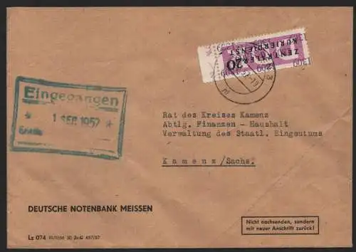 B14170 DDR ZKD Brief 1957 15 1309 Meißen  Deutsche Notenbank an Rat des Kreises