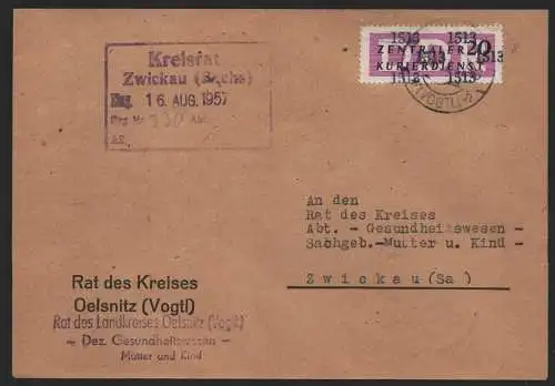 B14239 DDR ZKD Brief 1957 15 1513 Oelsnitz/Vogtland Rat des Kreises  an Gesundhe