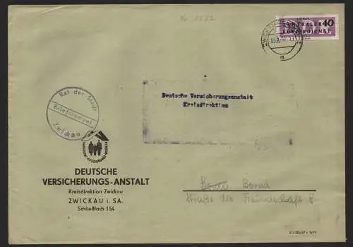 B14260 DDR ZKD Brief 1957 12 1522 Zwickau Deutsche Versicherungs Anstalt an nach
