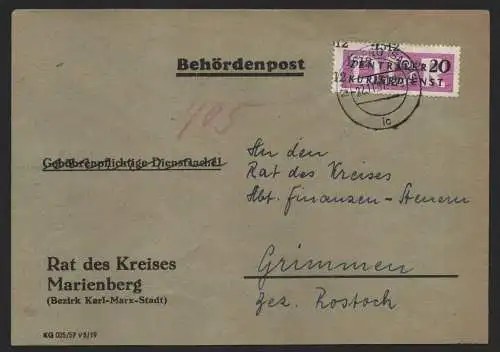 B14238 DDR ZKD Brief 1957 15 1512 Marienberg Rat des Kreises  an nach Grimmen
