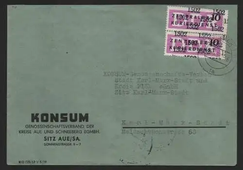 B14219 DDR ZKD Brief 1957 2x14 1502 Aue Konsum an nach Karl-Marx-Stadt