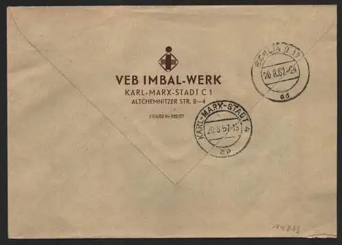 B14213 DDR ZKD Brief 1957 2x14 1500 Karl-Marx-Stadt VEB Imbal-Werk  an nach Berl