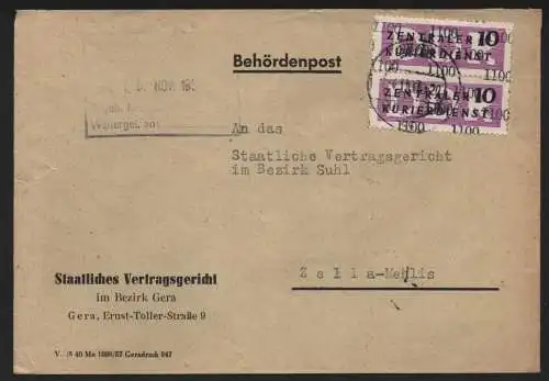 B14087 DDR ZKD Brief 1957 2x10 1100 Gera Staatliches Vertragsgericht an nach Zel