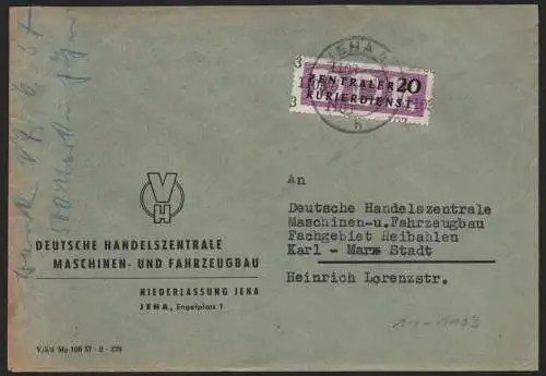 B14095 DDR ZKD Brief 1957 11 1103 Jena DHZ Maschinen- und Fahrzeugbau an nach Ka