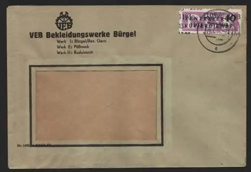 B14096 DDR ZKD Brief 1957 12 1103 Jena VEB Bekleidungswerke Bürgel  an nach Karl