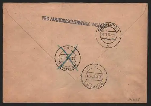 B14085 DDR ZKD Brief 1957 15 9011 Weimar VEB Mähdrescherwerk Weimar an nach Osch