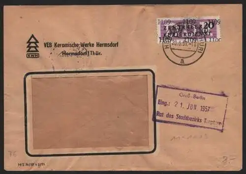 B14107 DDR ZKD Brief 1957 11 1109 Stadtroda VEB Keramische Werke Hermsdorf Thür.