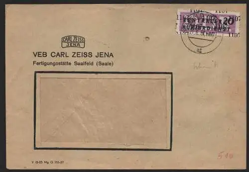 B14104 DDR ZKD Brief 1957 11 1107 Saalfeld VEB Carl Zeiss Jena an nach Dresden
