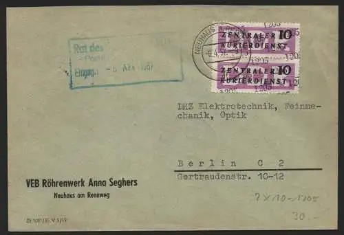 B14128 DDR ZKD Brief 1957 2x10 1205 Neuhaus/Rennweg VEB Röhrenwerk Anna Seghers