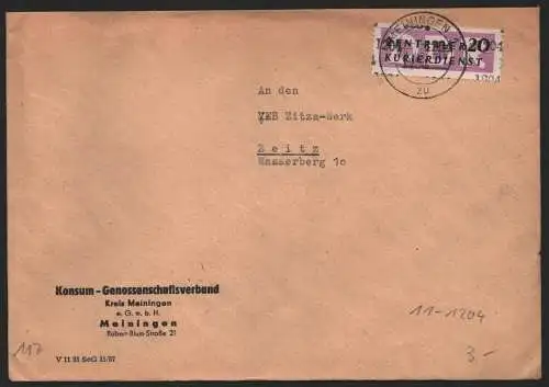 B14126 DDR ZKD Brief 1957 11 1204 Meiningen Konsum Genossenschaftsverband an Zit