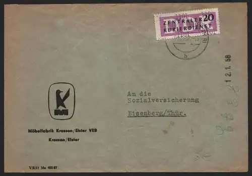 B14092 DDR ZKD Brief 1957 15 1101 Eisenberg VEB Möbelfabrik Krossen Elster an So