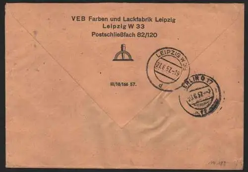 B14188 DDR ZKD Brief 1957 12 1400 Leipzig VEB Farben und Lackfabrik an nach Berl