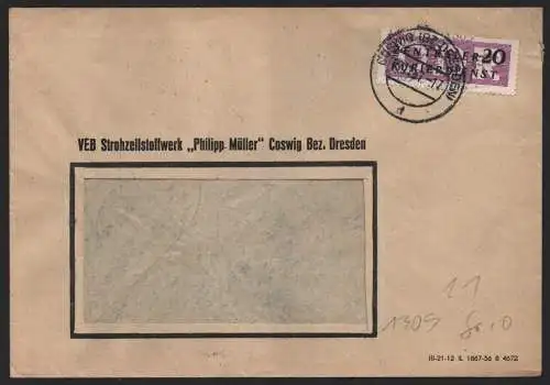 B14168 DDR ZKD Brief 1957 11 1309 Meißen  VEB Strohzellstoffwerk Philipp Müller