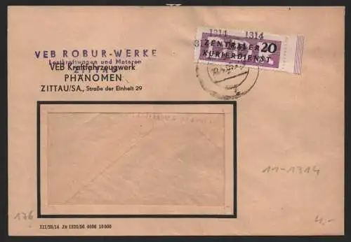 B14184 DDR ZKD Brief 1957 11 1314 Zittau VEB Kraftfahrzeugwerk Phänomen überstem