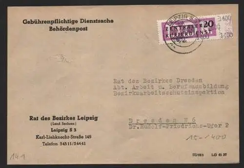 B14189 DDR ZKD Brief 1957 15 1400 Leipzig Rat des Bezirkes an nach Dresden