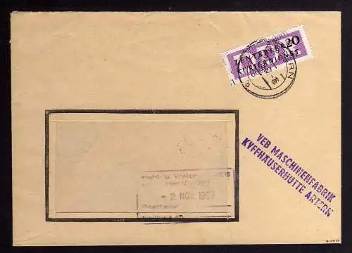 B1421 DDR ZKD 15 Kontrollzahl 8001 Brief Artern geprüft BPP VEB Maschinenfabrik