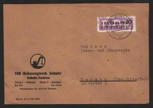 B14182 DDR ZKD Brief 1957 15 1313 Sebnitz VEB Hebezeugwerk an an VEB Tewa Press-