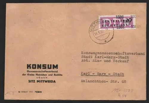 B14232 DDR ZKD Brief 1957 15 1508 Hainichen Konsum Mittweida an an Konsum Karl-M