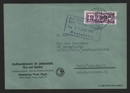 B14240 DDR ZKD Brief 1957 11 1514 Plauen GHK Obst Gemüse an nach Karl-Marx-Stadt