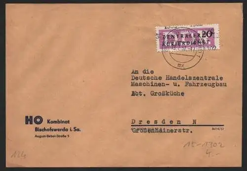 B14148 DDR ZKD Brief 1957 15 1302 Bischofswerda HO Kombinat an DHZ Maschinen- un
