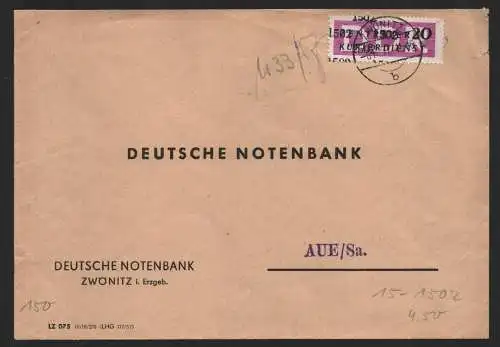 B14220 DDR ZKD Brief 1957 15 1502 Aue Deutsche Notenbank Zwönitz an nach Aue