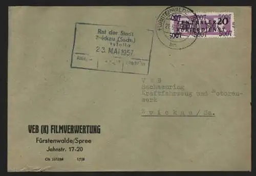 B13941 DDR ZKD Brief 1957 11 5007 Fürstenwalde VEB Filmverwertung  an Sachsenrin