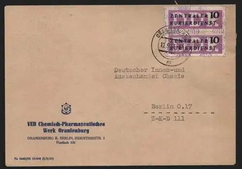 B13922 DDR ZKD Brief 1957 2x10 4010 Oranienburg VEB Chemisch-Pharmazeutisches We
