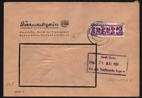 B13271 DDR Dienst ZKD 15 1308 Brief 1957 VEB Elektroschaltgeräte Oppach ESGO