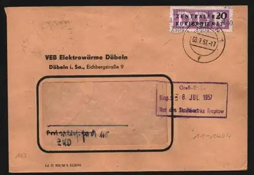 B13320 DDR Dienst ZKD 11 1404 Brief 1957 VEB Elektrowärme Döbeln nach Berlin