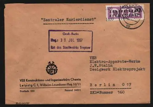 B13314 DDR Dienst ZKD 11 1400 Brief 1957 Leipzig VEB Konstruktions- ... Chemie