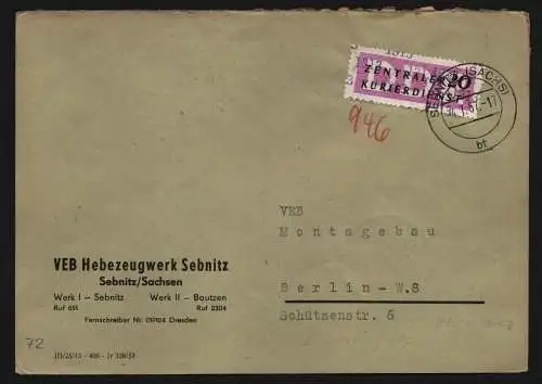 B13294 DDR Dienst ZKD 15 1313 Brief 1957 VEB Hebezeugwerk Sebnitz an Montagebau