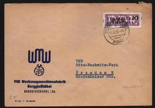 B13286 DDR Dienst ZKD 11 1311 Brief 1957 Berggießhübel WMW VEB Werkzeugmaschinen