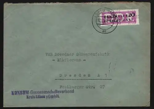 B13276 DDR Dienst ZKD 15 1308 Brief 1957 Konsum Oppach an Elbflorenz Dresden