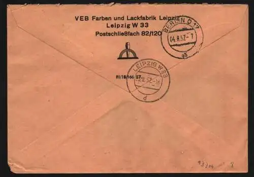 B13304 DDR Dienst ZKD 11 1400 Brief 1957 Leipzig VEB Farben und Lackfabrik nach