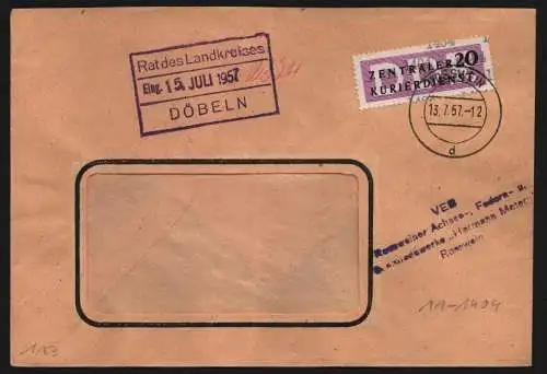 B13321 DDR Dienst ZKD 11 1404 Brief 1957 Rossweiner Achsen- Federn Werke Rat