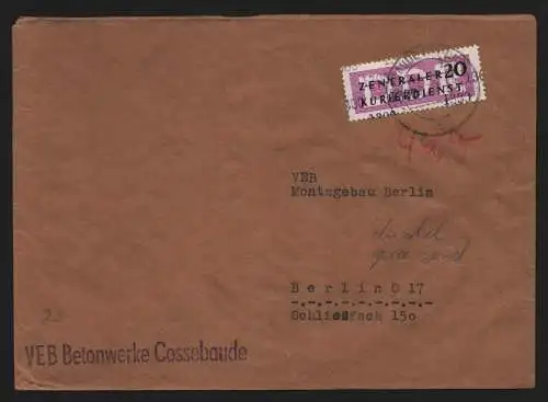 B13223 DDR Dienst ZKD 15 1300 Brief 1957 VEB Betonwerke Cossebaude nach Berlin