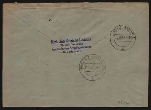 B13277 DDR Dienst ZKD 15 1308 Brief 1957 Rat des Kreises Löbau an VEB Burger Bek