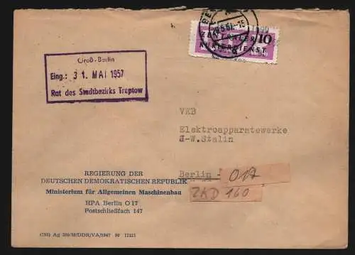 B13326 DDR ZKD 15 1600 Brief 1957 Berlin Regierung Ministerium Maschinenbau