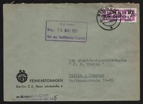 B13364 DDR Dienst ZKD 14 1601 Brief 1957 Berlin VEB Feinkartonagen Postfach 145