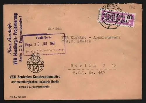 B13372 DDR Dienst ZKD 14 1601 Brief 1957 Berlin Zentrales Konstuktionsbüro der