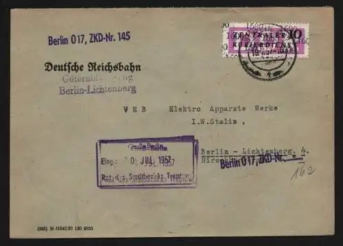 B13339 DDR Dienst ZKD 14 1600 Brief 1957 Berlin Deutsche Reichsbahn Lichtenberg