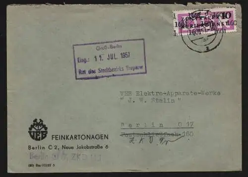B13365 DDR Dienst ZKD 14 1601 Brief 1957 Berlin VEB Feinkartonagen Postfach 145