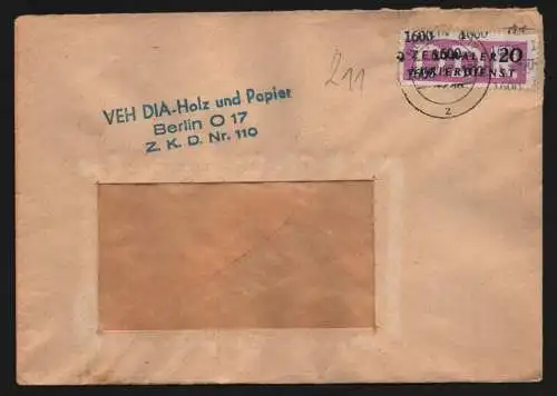 B13354 DDR ZKD 15 1600 Brief 1957 Berlin VEH DIA Holz und Papier ZKD Nr. 110