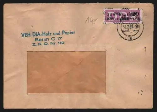 B13355 DDR ZKD 15 1600 Brief 1957 Berlin VEH DIA Holz und Papier ZKD Nr. 110
