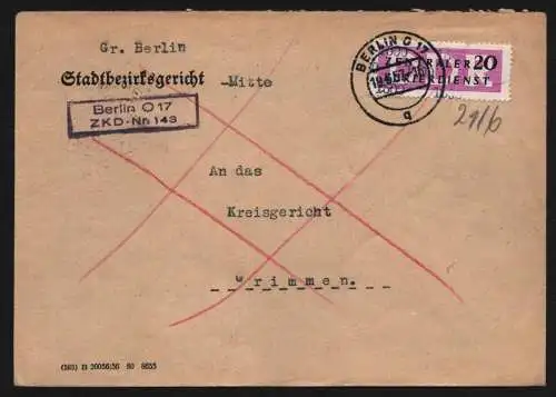 B13341 DDR Dienst ZKD 15 1600 Brief 1957 Berlin Stadtbezirksgericht Groß Berlin