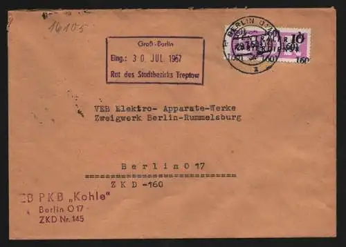 B13373 DDR Dienst ZKD 14 1601 Brief 1957 Berlin VEB PKB Kohle ZKD 145
