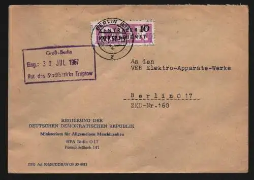 B13327 DDR ZKD 14 1600 Brief 1957 Berlin Regierung Ministerium Maschinenbau