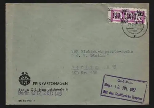 B13366 DDR Dienst ZKD 14 1601 Brief 1957 Berlin VEB Feinkartonagen Postfach 145