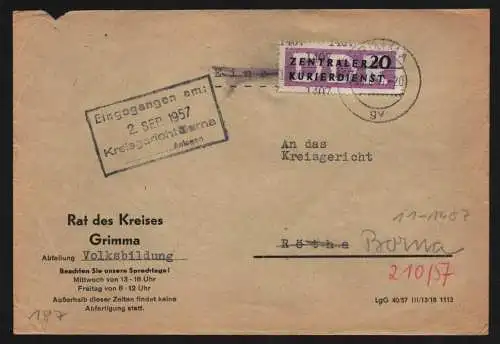 B13322 DDR Dienst ZKD 11 1407 Brief 1957 Grimma nach Borna Kreisgericht